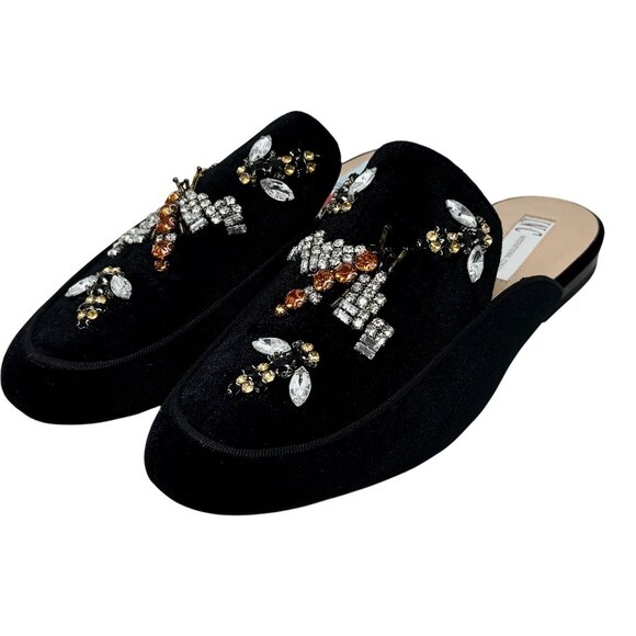 INC Black Bug Gannie 5 Velvet Rhinestone Dragonfly Bumblebee 8 Mules Flats READ - Picture 3 of 11